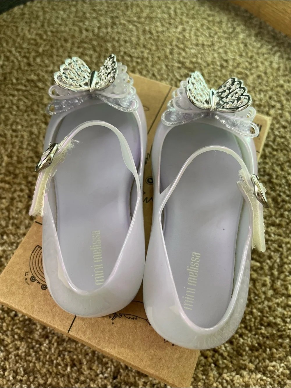 Mini Melissa Iridescent Lavender Mary Janes with Silver Butterfly